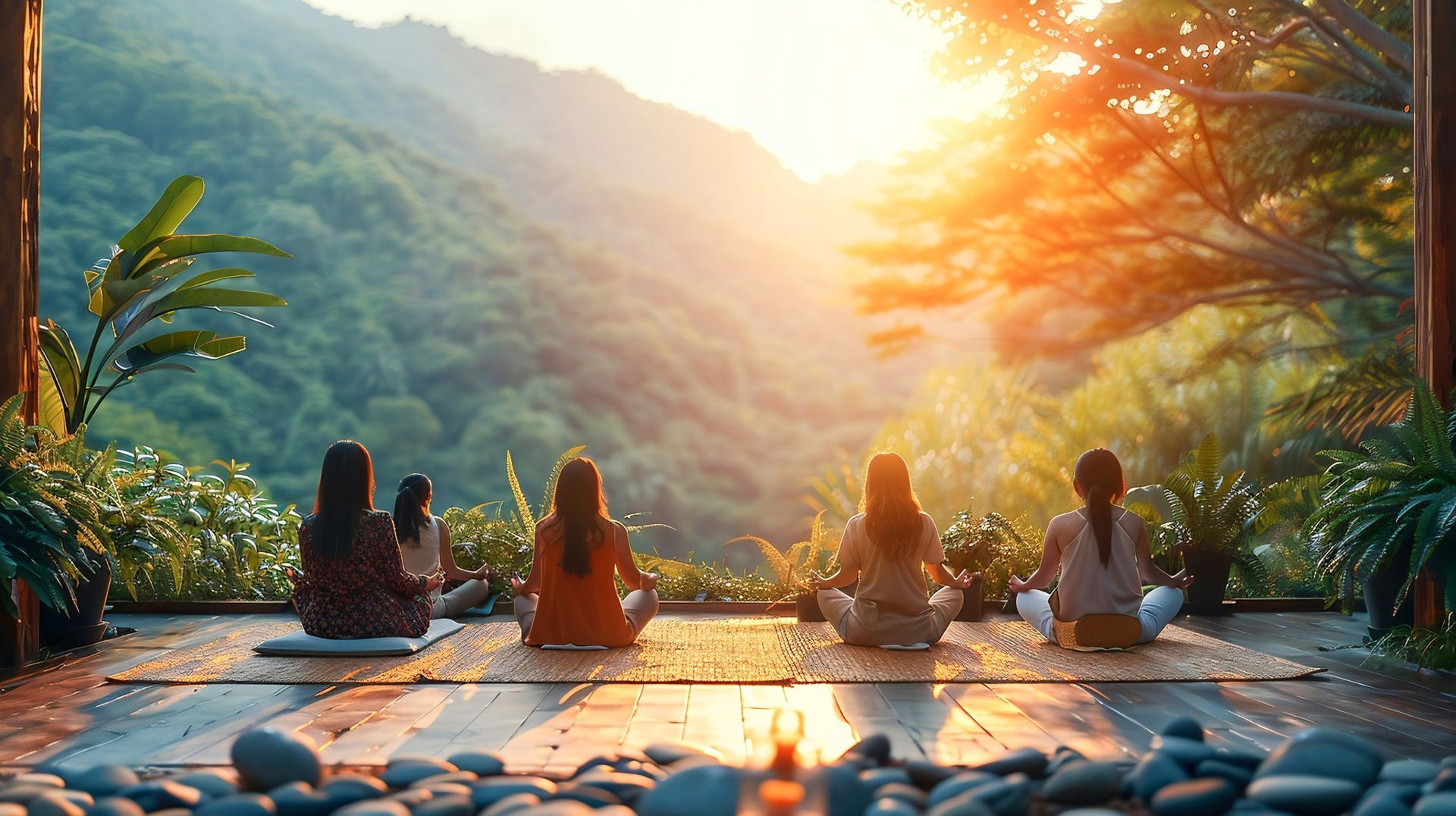Five people meditating outdoors, overlooking a lush mountain landscape at sunset.