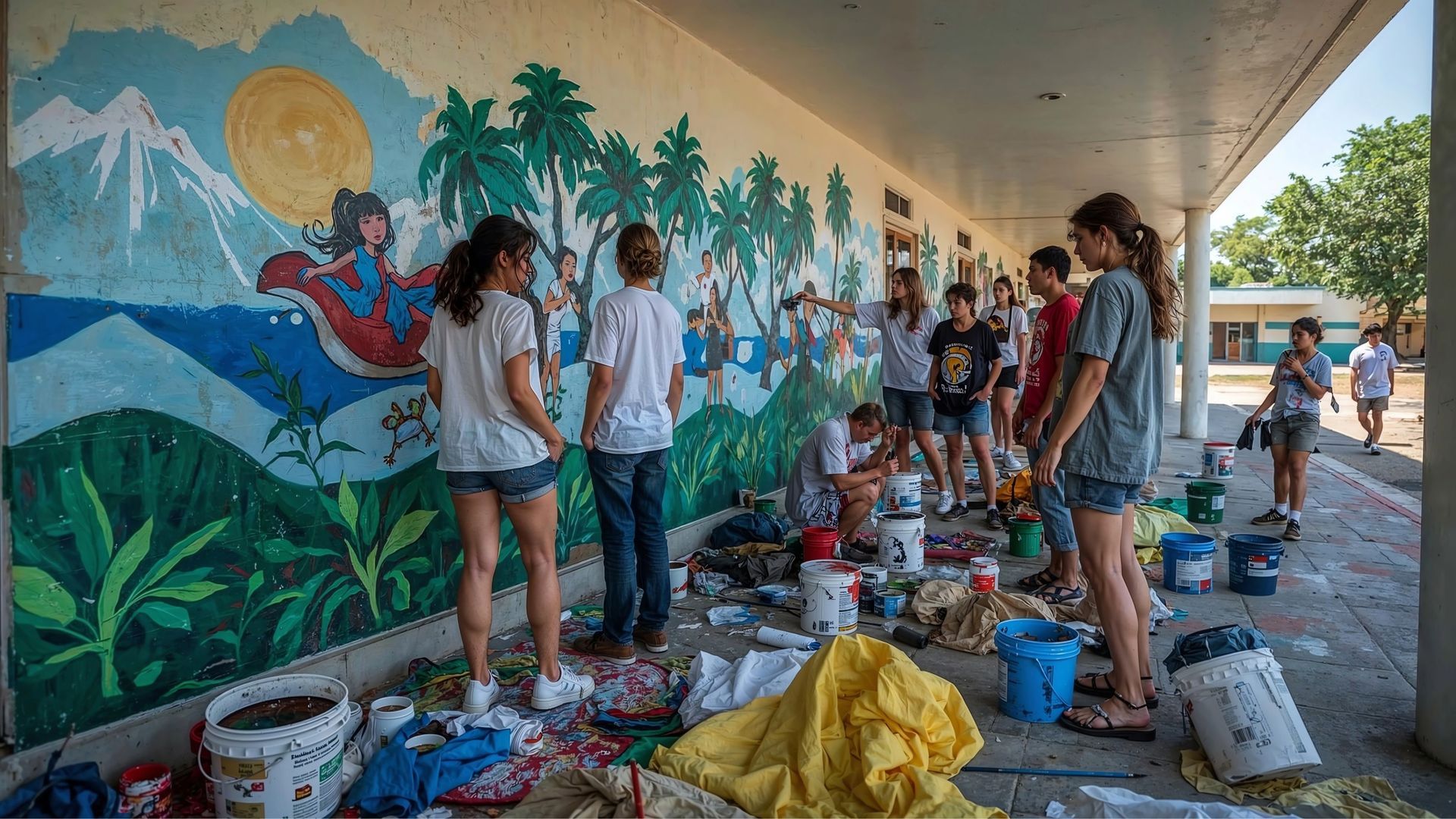 People painting a colorful mural on a building wall outdoors.
