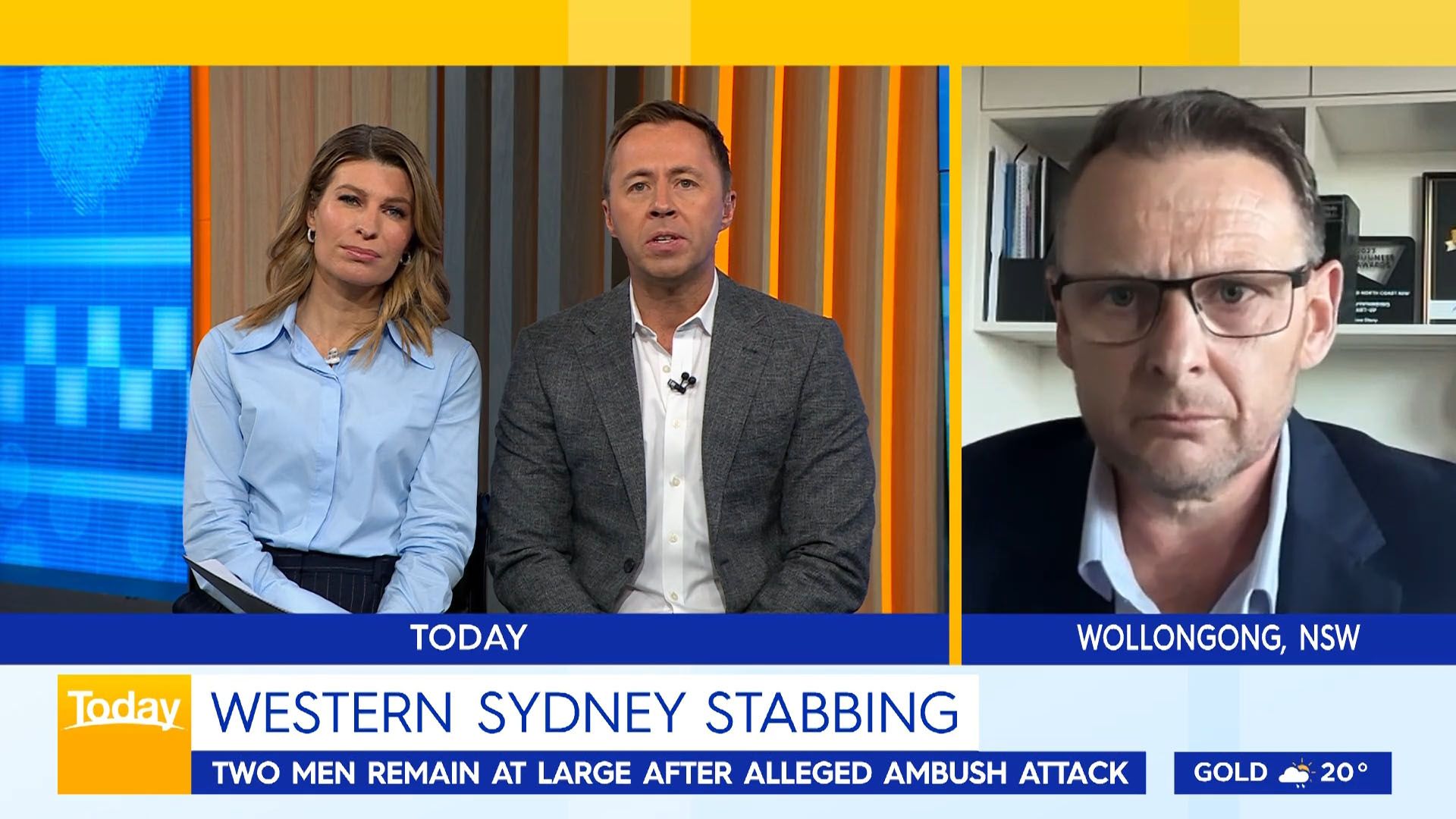 News anchors interviewing Luke Taylor about a Western Sydney stabbing.