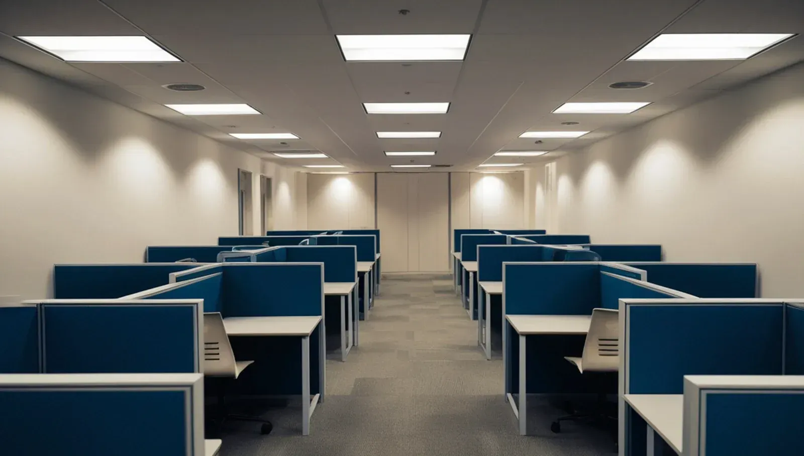 Empty office cubicles with blue dividers and overhead lighting.