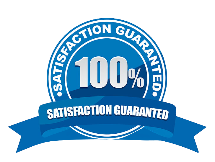 A blue 100% satisfaction guaranteed label with a blue ribbon