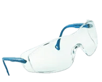 Un paio di occhiali di sicurezza trasparenti con montatura blu su sfondo bianco.