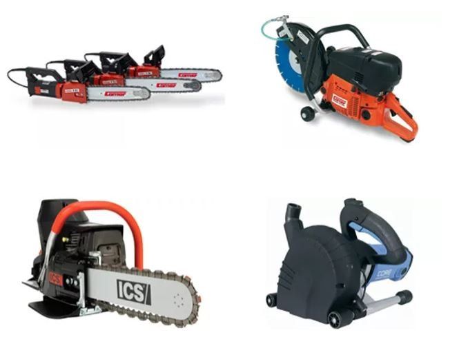 Quattro diversi tipi di motoseghe sono mostrati su uno sfondo bianco