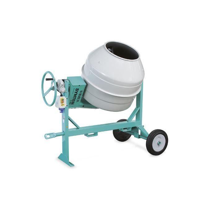 Una betoniera con ruote su sfondo bianco