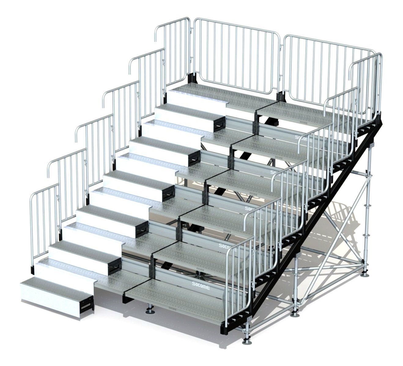 Una fila di scale con ringhiera metallica su sfondo bianco.