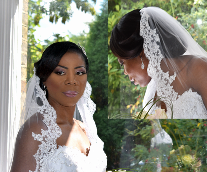 Afro Caribbean Bride on her wedding day. Hair updo Chignon and bridal makeup in London.