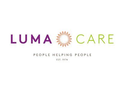 The luma care logo is purple and green and says `` people helping people ''.