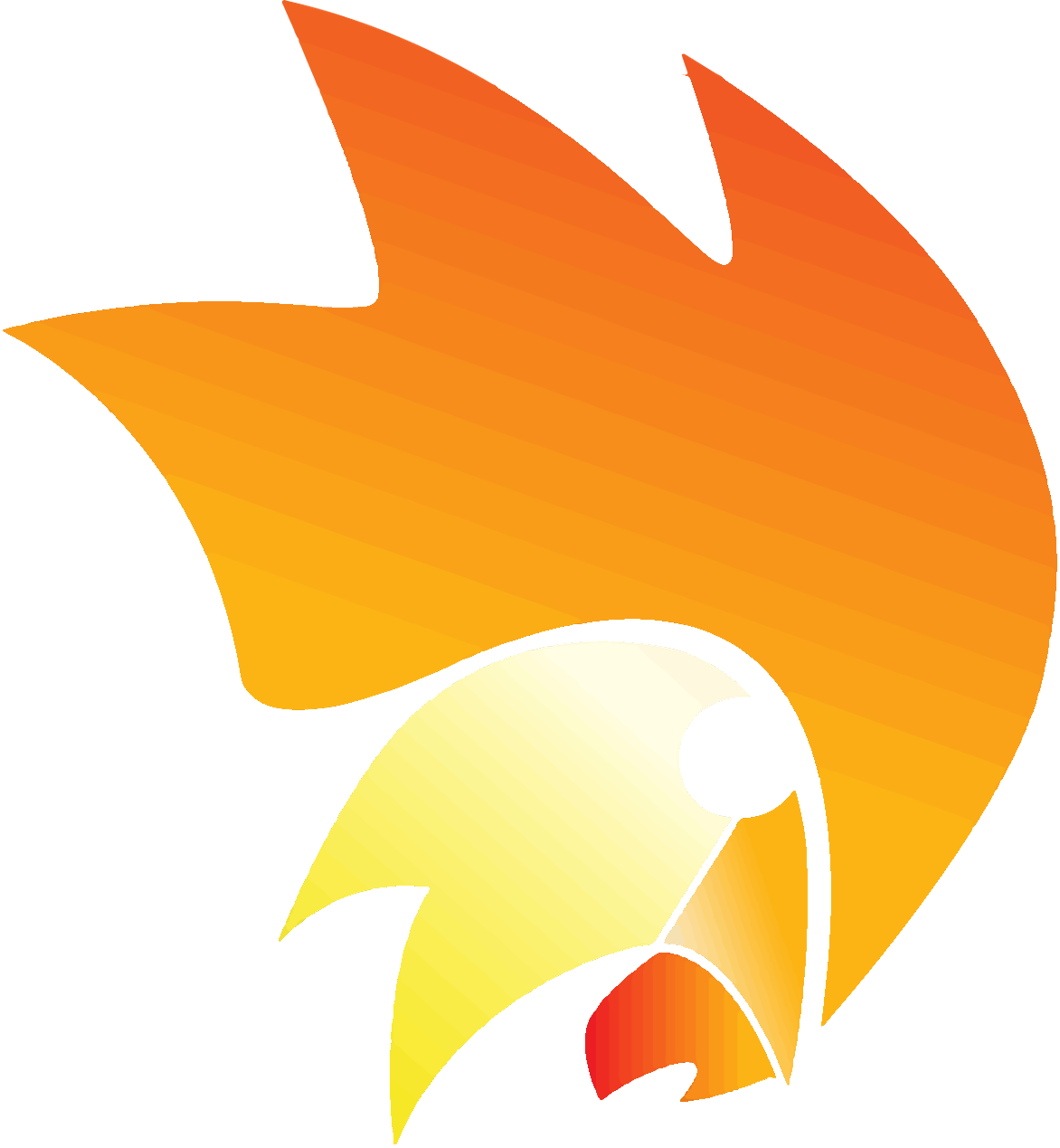 A stylized, abstract graphic of a flame or bird head in shades of yellow, orange, and red against a white background.