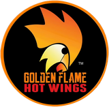 A circular logo featuring a stylized chicken-flame hybrid icon with the text