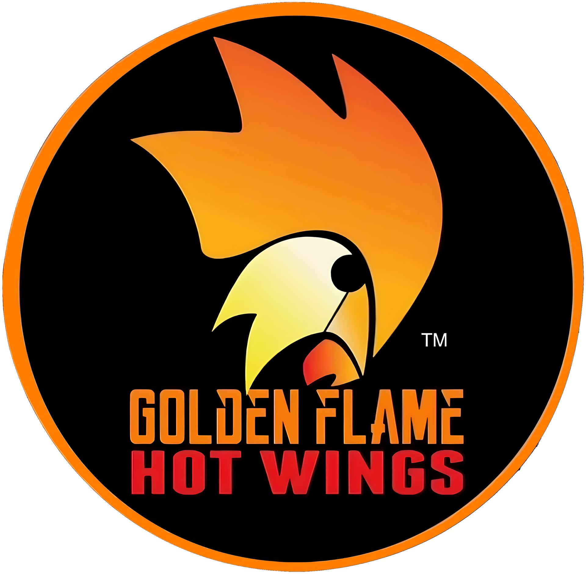 A circular logo featuring a stylized chicken-flame hybrid icon with the text