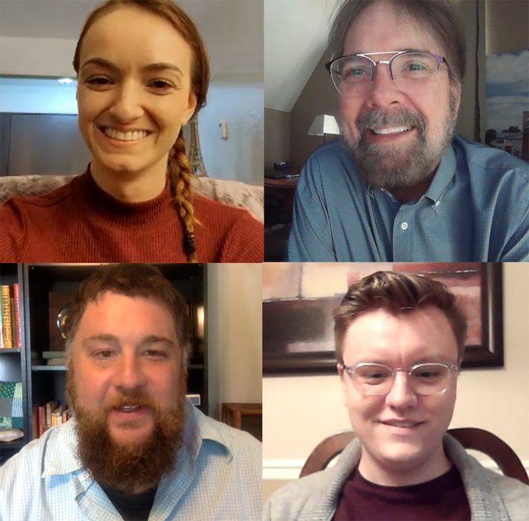 Four people are shown in a grid layout during a video conference, all smiling and appearing to be in their homes.