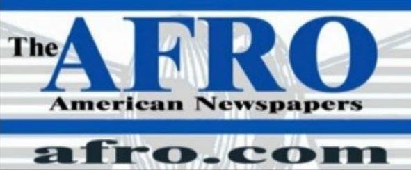 Logo for The AFRO American Newspapers, featuring blue text on a white background with a website URL below.