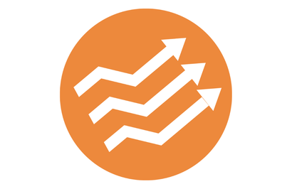 Three white, upward-trending arrows moving diagonally in parallel on an orange circular background.