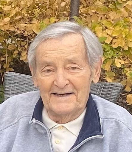 A smiling person with gray hair wearing a light blue zip-up sweater over a white polo shirt, with autumn trees behind.