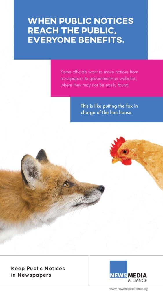 A fox stares at a chicken above text advocating for public notices in newspapers. The background is white.