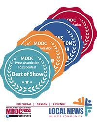 Four overlapping award badges in teal, orange, blue, and red with 