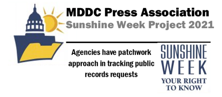 Logo for MDDC Press Association Sunshine Week 2021 featuring a capitol building icon over a folder, with text on transparency.