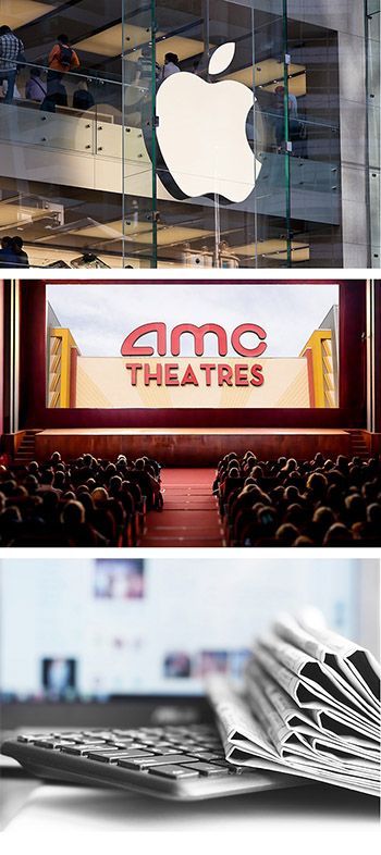 A three-part image showing an Apple store logo, an AMC movie theater auditorium, and a stack of newspapers on a desk.