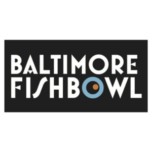 Logo for Baltimore Fishbowl with white text on a black background and a light blue and orange circle for the letter O.