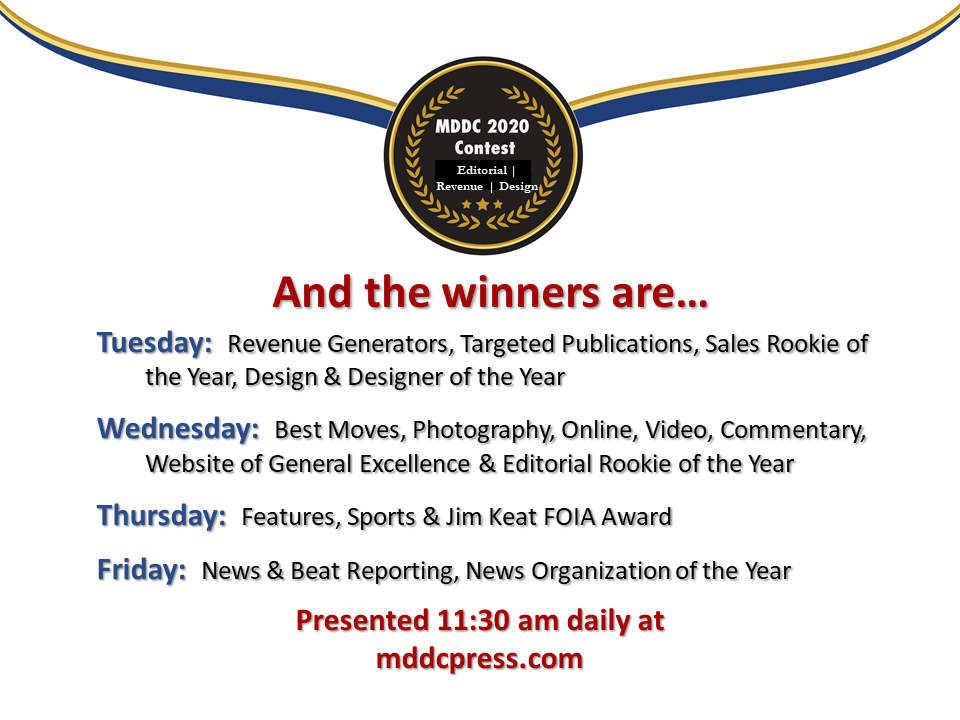 MDDC 2023 Contest winners announcement schedule for Tuesday through Friday, presented daily at 11:30 am on mddcpress.com.