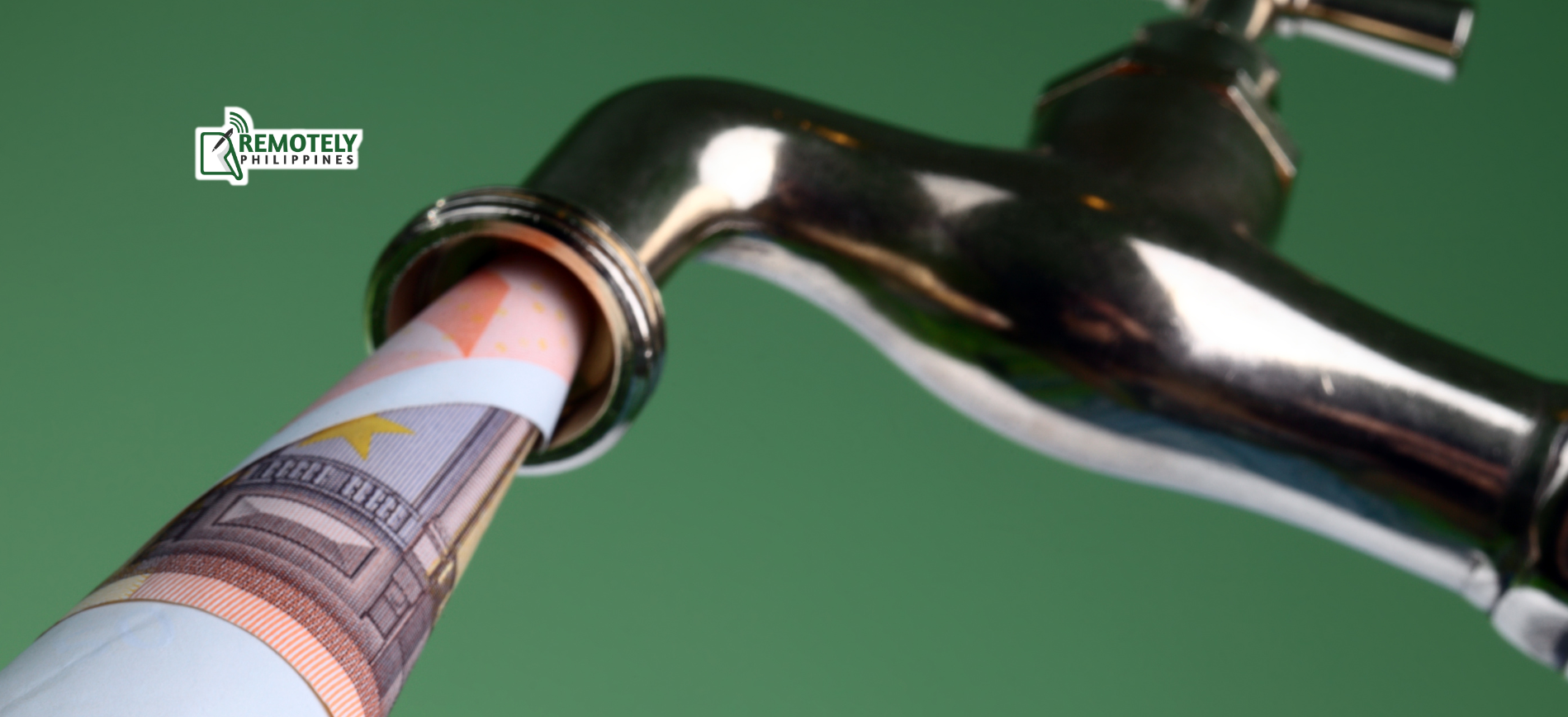 A faucet with rolled-up Euro banknotes coming out. Green background.
