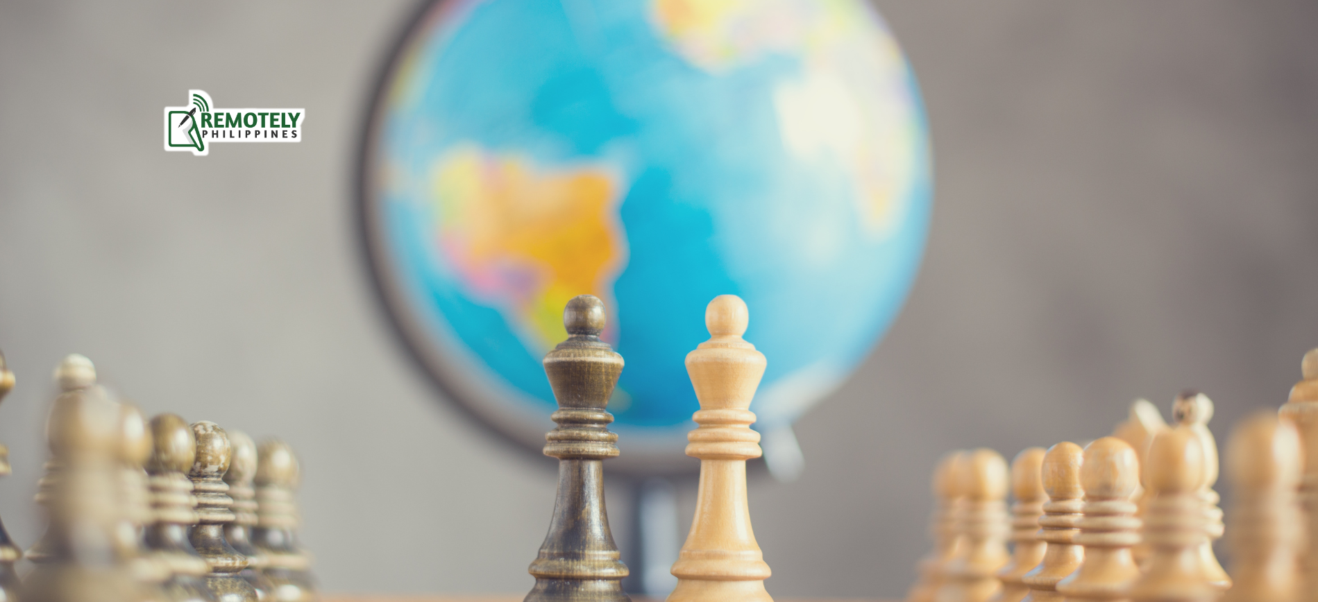 Chess pieces in front of a blurred globe, suggesting global strategy and competition