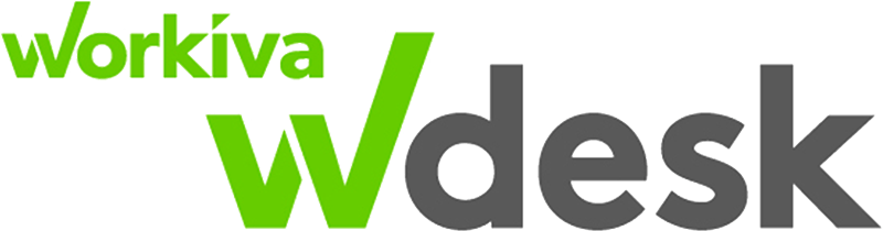 A green and black logo for workiva wdesk