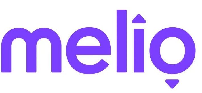 A purple and white logo for a company called melio.