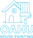 The logo for oahu house painting shows a house and a paint roller.