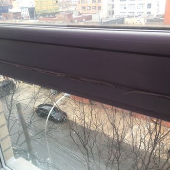 View through a window of a parked black car on a street with bare tree branches and buildings in the background