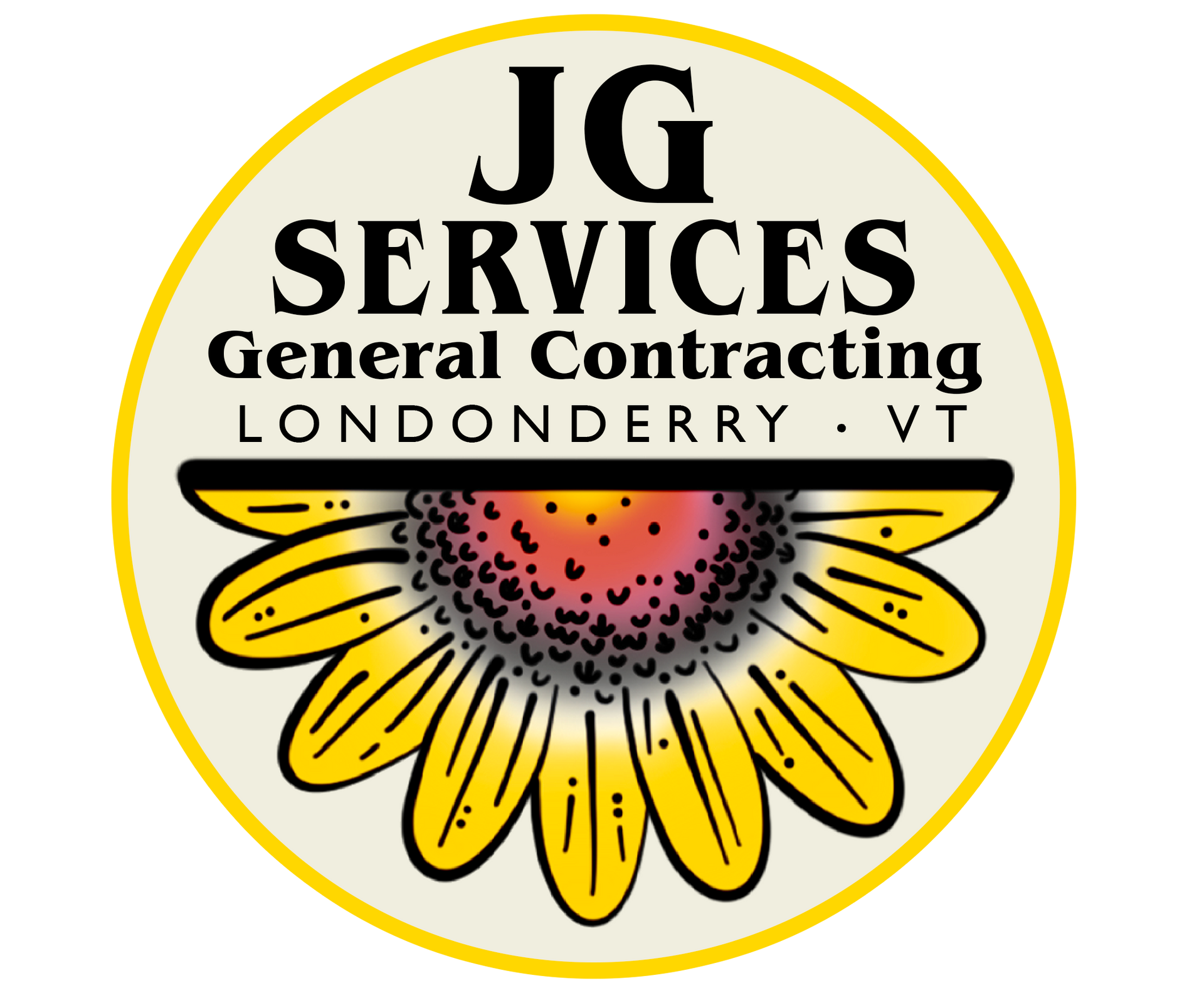 A logo for jg services general contracting londonderry vt with a happy hand drawn sunflower