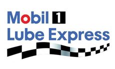 Mobil 1 Lube Express logo: blue text, red and black accents, checkered flag detail.