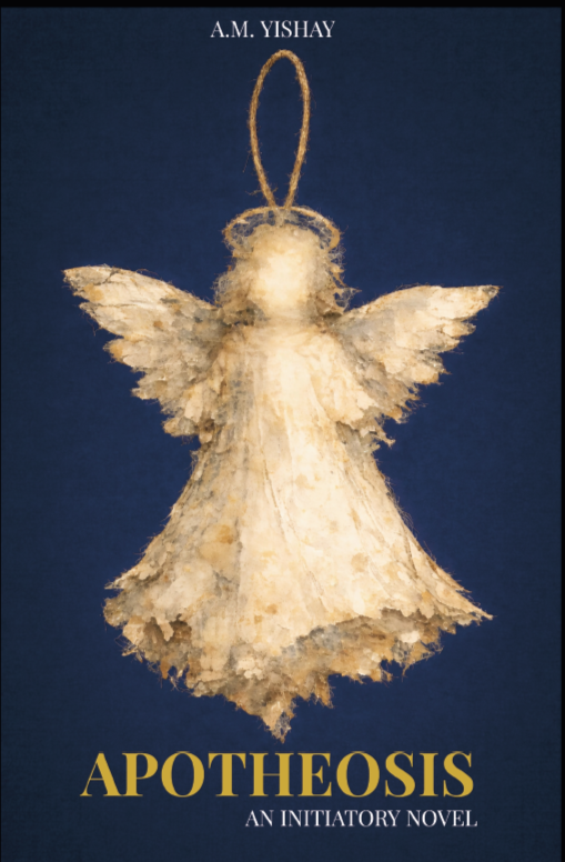 Een boekomslag met een gestructureerd, beige engelornament op een donkerblauwe achtergrond. De tekst luidt: AM Yishay, APOTHEOSIS.
