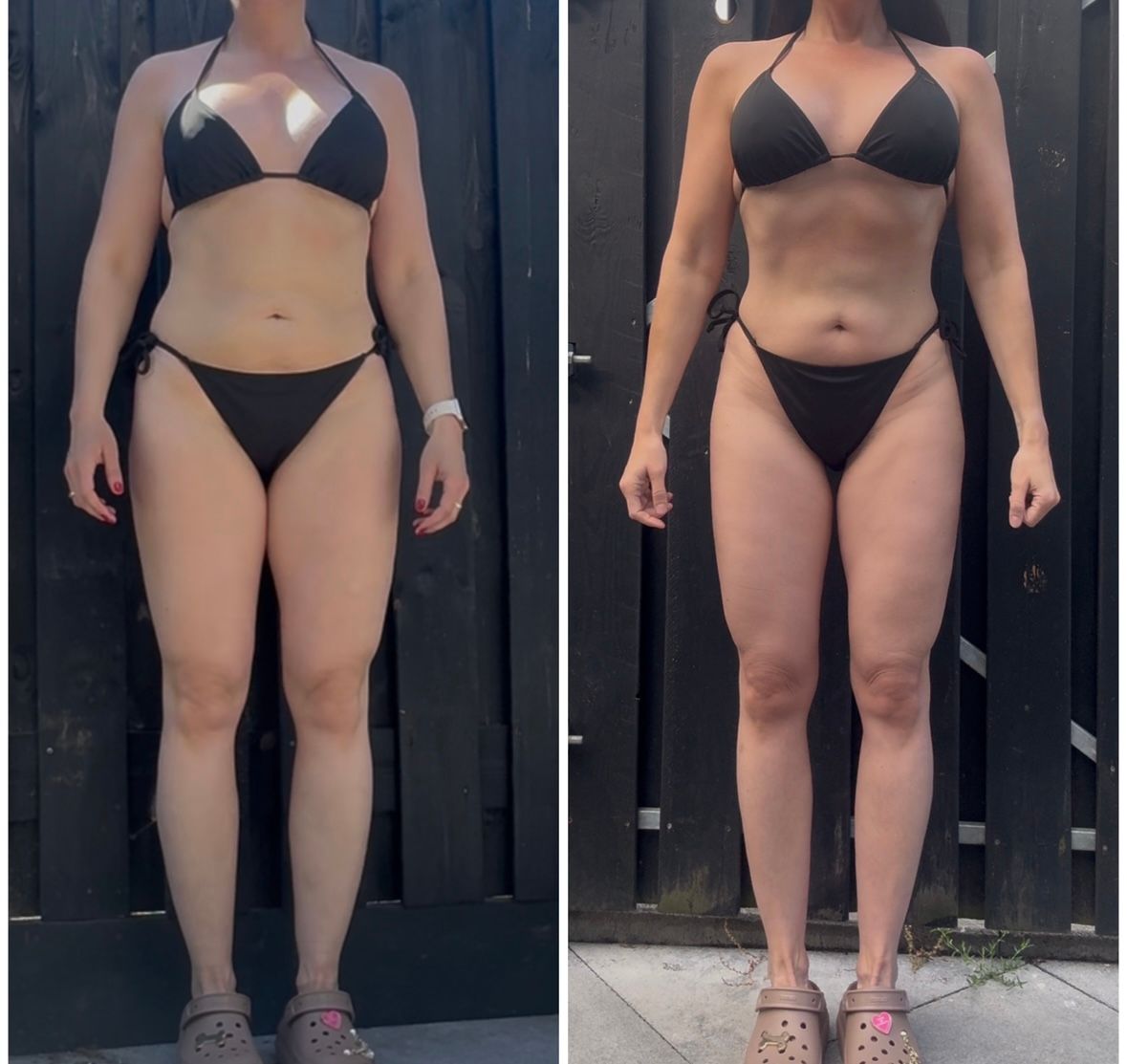 Een zij-aan-zij vergelijking van een persoon in een zwarte bikini, staand tegen een donkere houten muur.