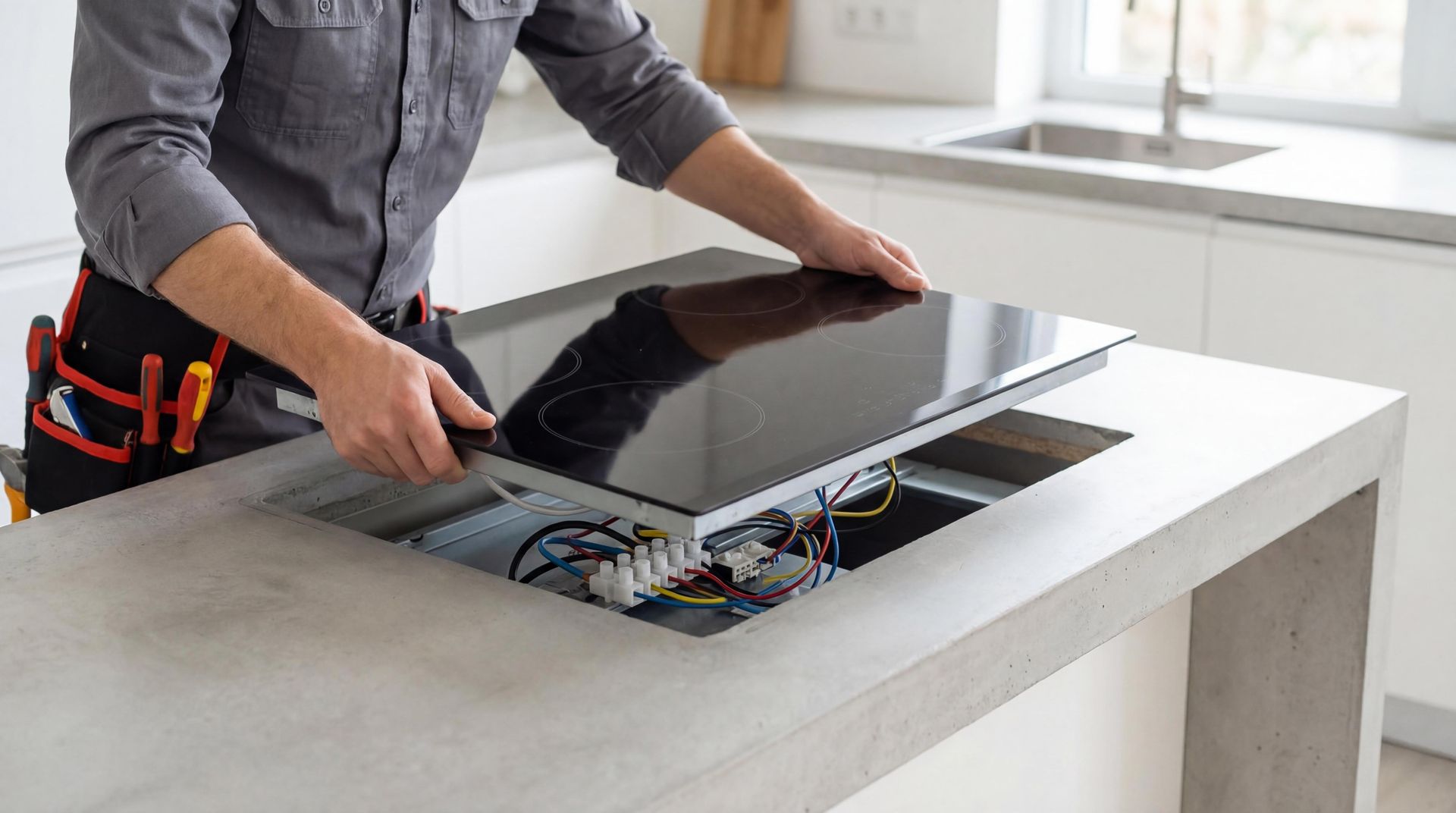 Person installing a flat-screen TV on a white table, with tools and exposed wires visible.