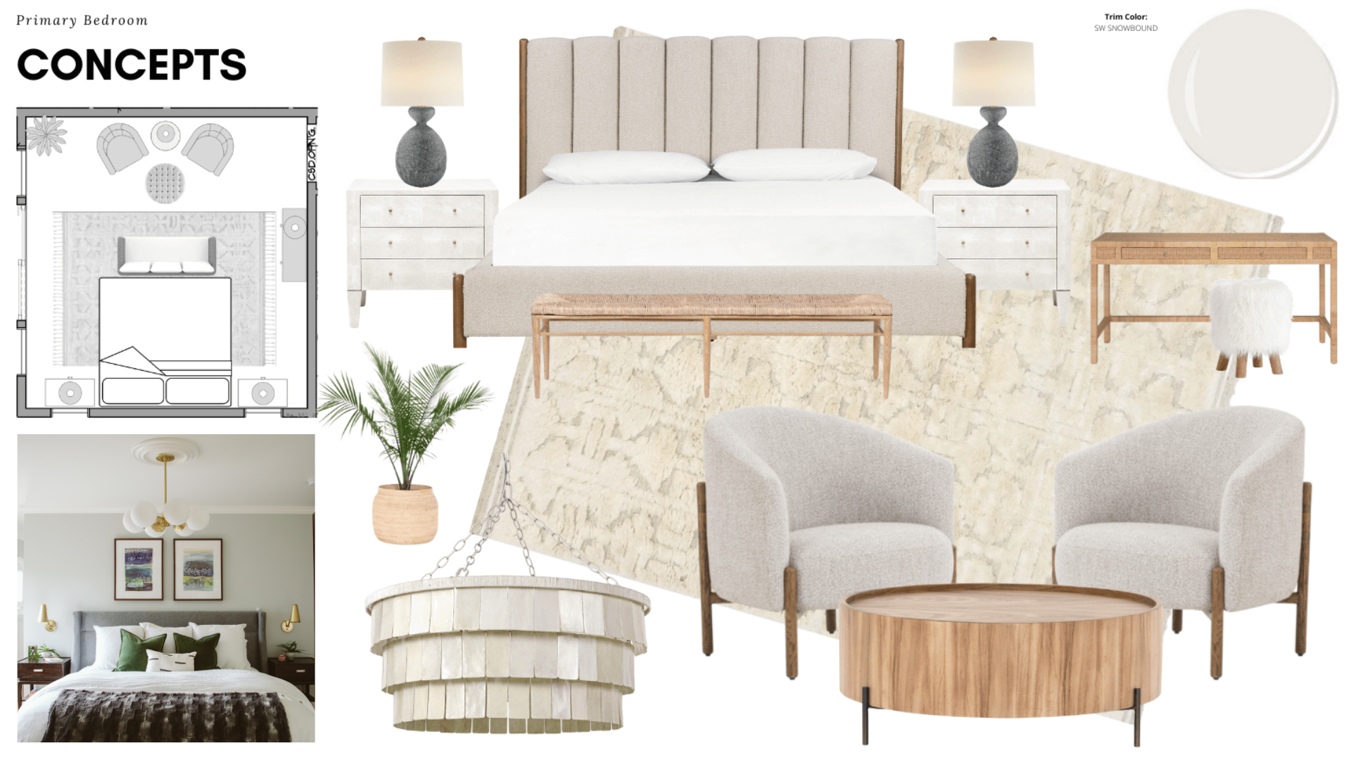 A bedroom with a bed , two chairs , a coffee table , and a floor plan.