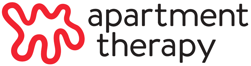 A logo for apartment therapy with a red swirl on a white background.