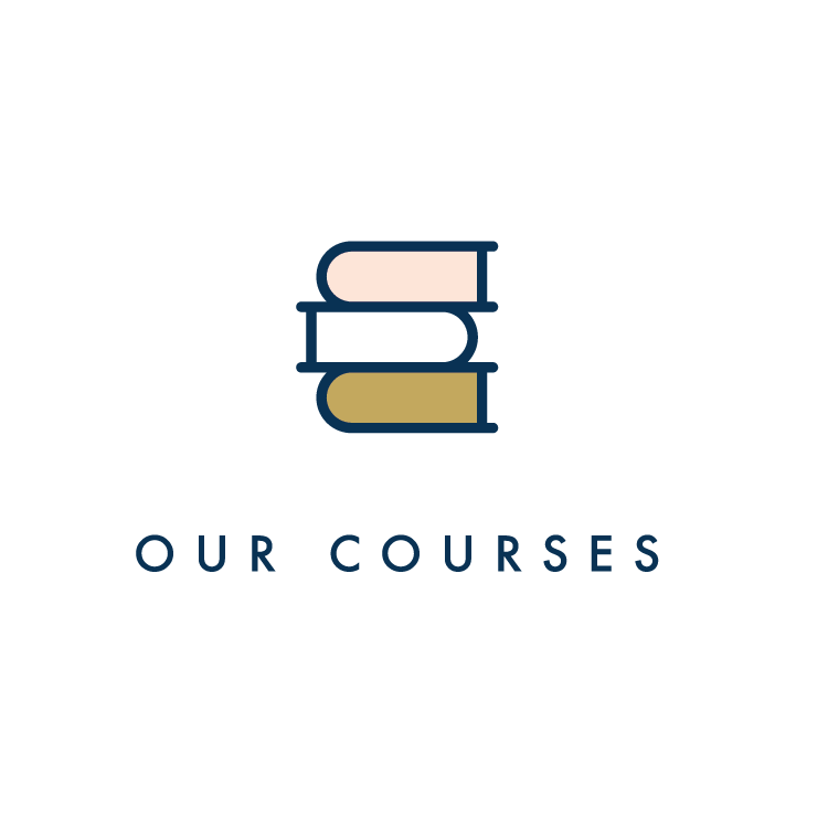 A logo for our courses with three books stacked on top of each other.