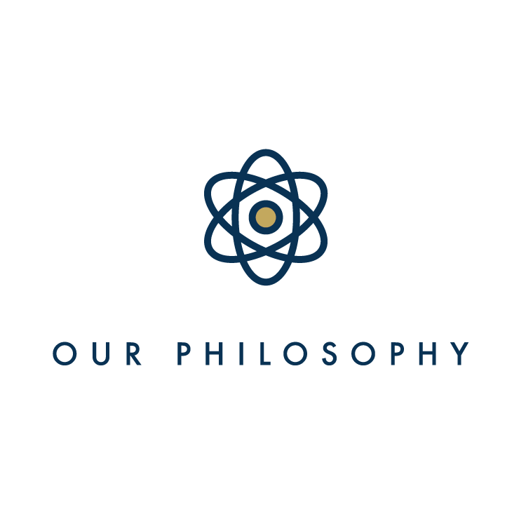 A logo for our philosophy with a flower in the middle.