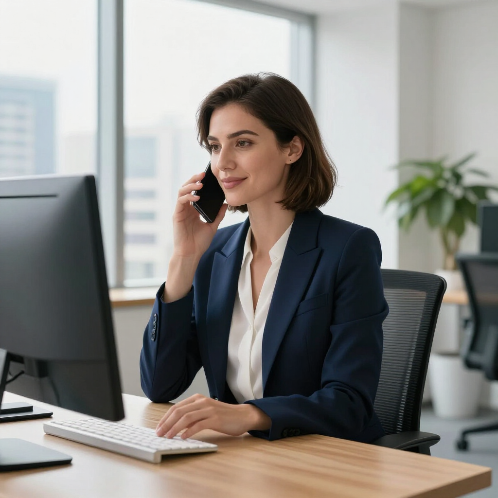 Office worker in navy blazer on phone at desk with desktop computer