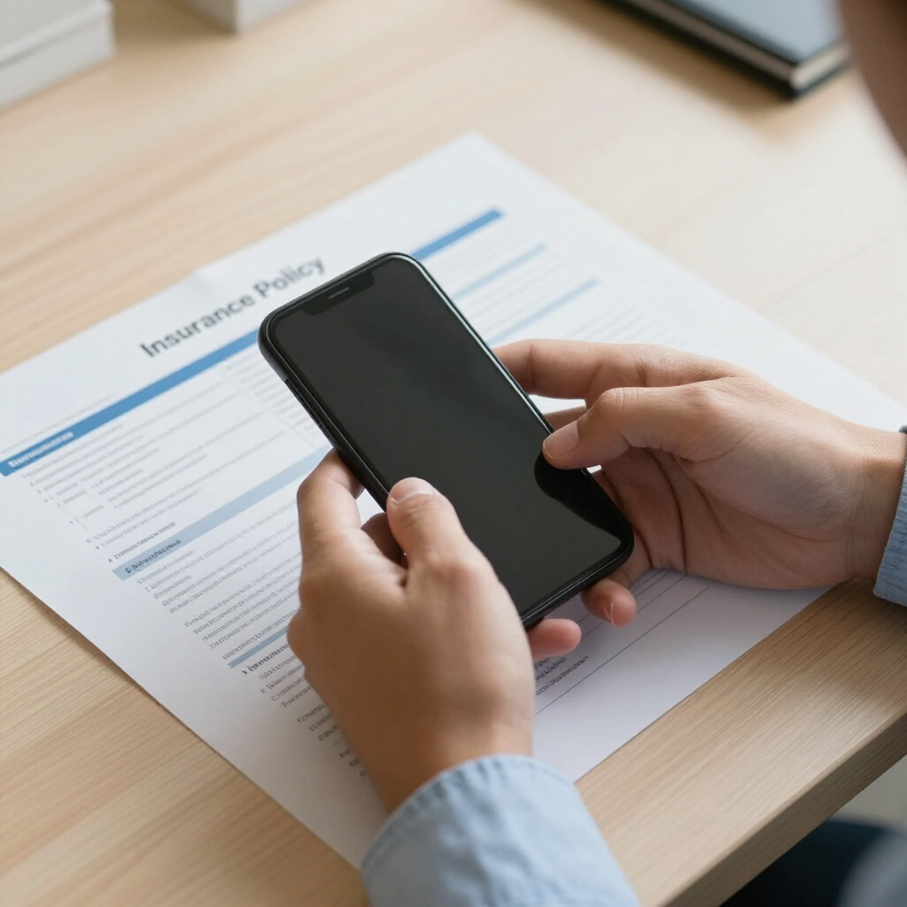 Hands using a smartphone over an insurance policy document on a desk