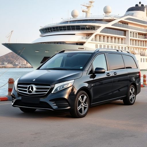 Modern vehicle waiting at Piraeus Port for a transfer service, with a professional driver beside it. The image features the bustling port area in the background, with ships docked and passengers preparing for their journey, highlighting a convenient and comfortable transfer service to or from the port.