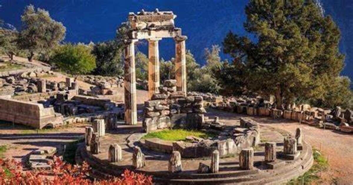 Ancient Temple of Apollo ruins at Delphi archaeological site, Greece