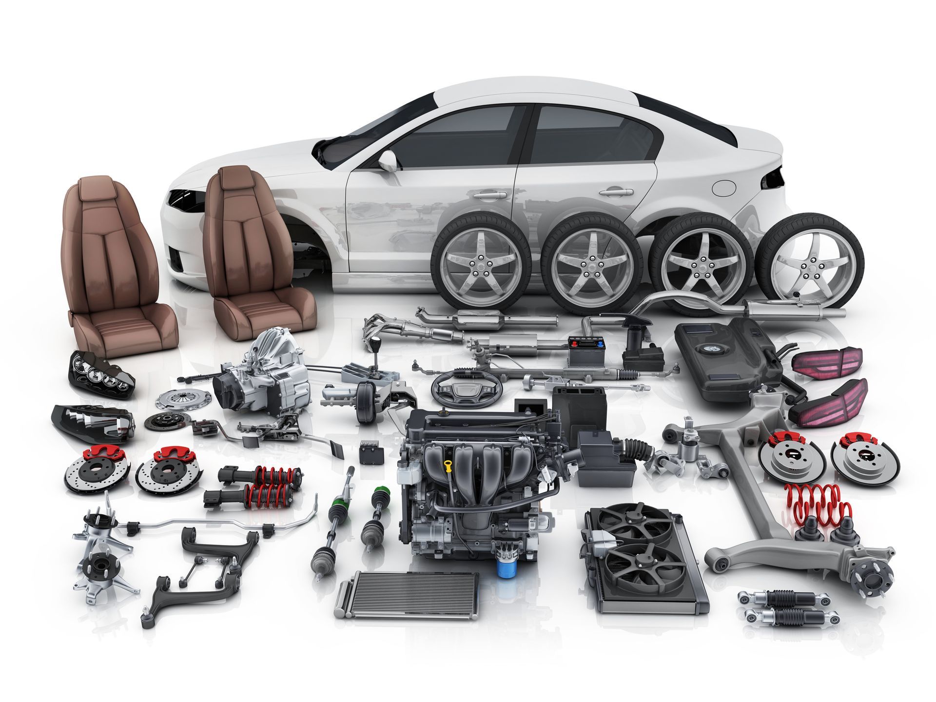 White car disassembled with various parts laid out, including engine, wheels, and seats.