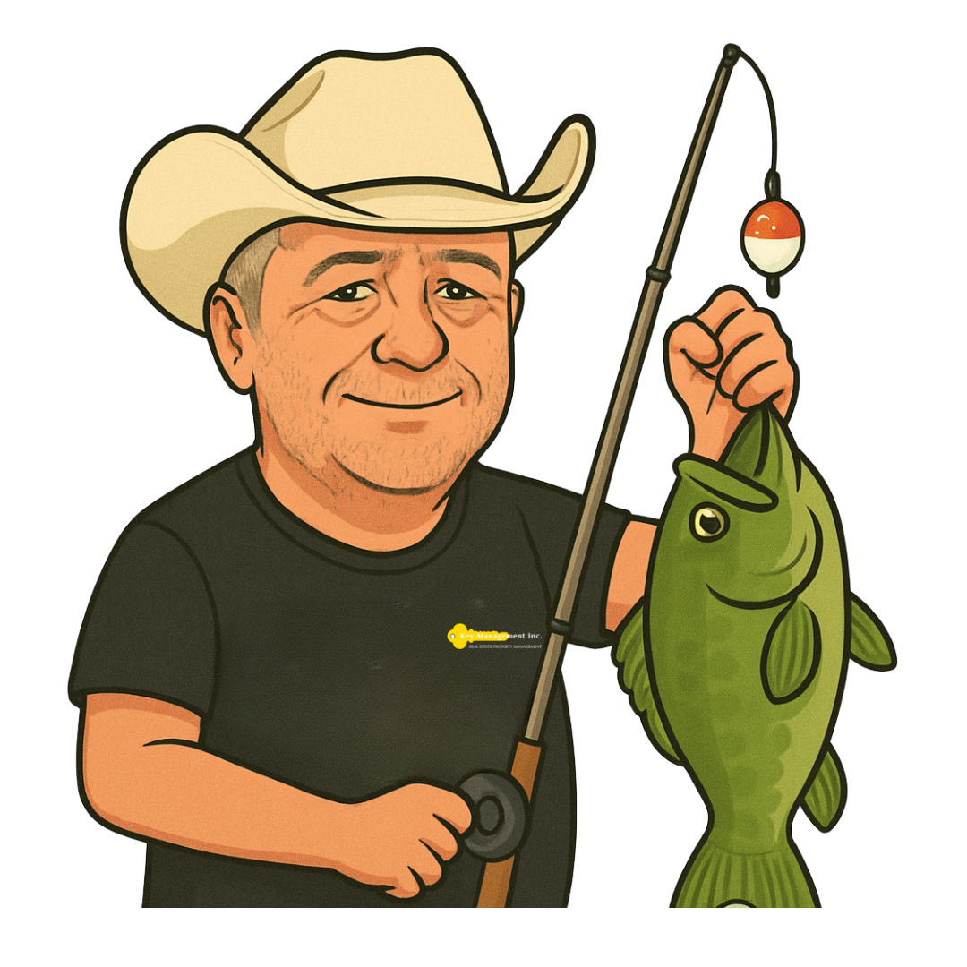 A man in a cowboy hat is holding a fishing rod and a fish