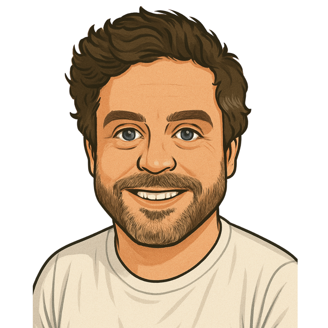 A cartoon drawing of a man with a beard smiling