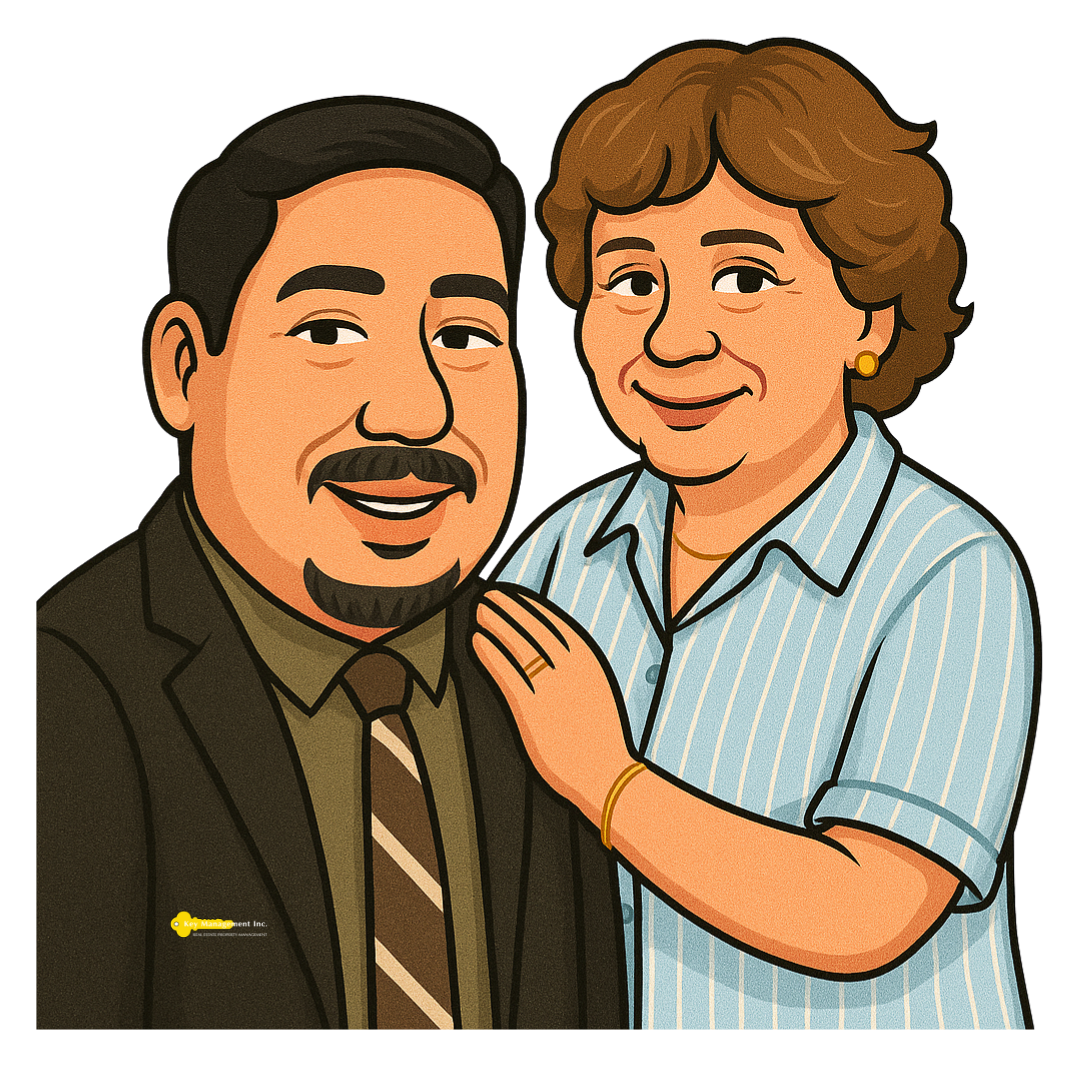 A cartoon of a man and woman posing for a picture