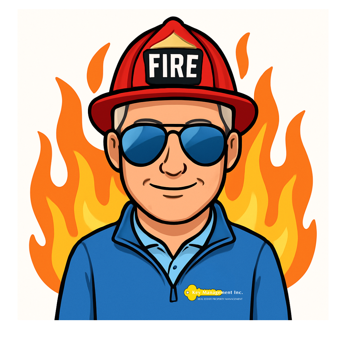 A cartoon of a fireman wearing sunglasses and a fire helmet