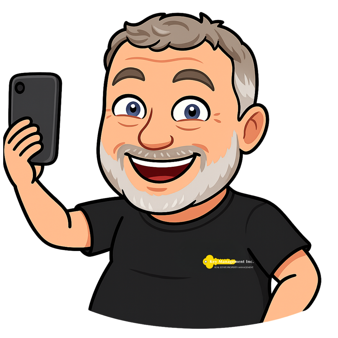 A cartoon of a man taking a selfie with a cell phone.