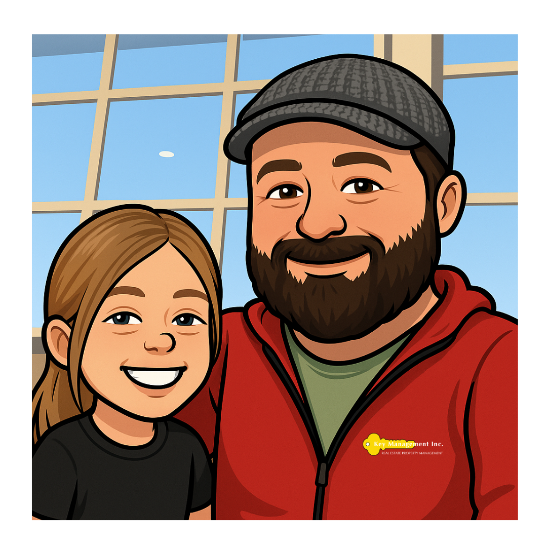 A cartoon of a man and a girl posing for a picture.